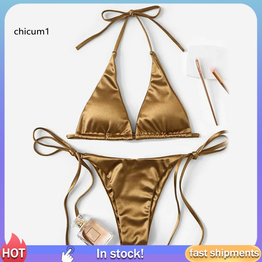Set 2 Món Đồ Bơi Bikini Hai Dây Có Đệm Ngực Màu Sắc Trơn Dành Cho Nữ