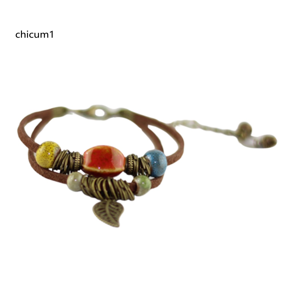 Vòng Tay Da Hai Lớp Đính Hạt Gốm Và Lá Phong Cách Bohemian