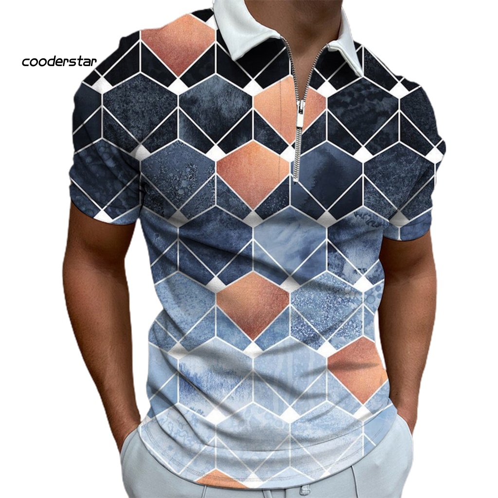Áo Thun Tay Ngắn Cổ Bẻ Nhanh Khô Có Khóa Kéo In Họa Tiết Hình Học Thời Trang Cho Nam