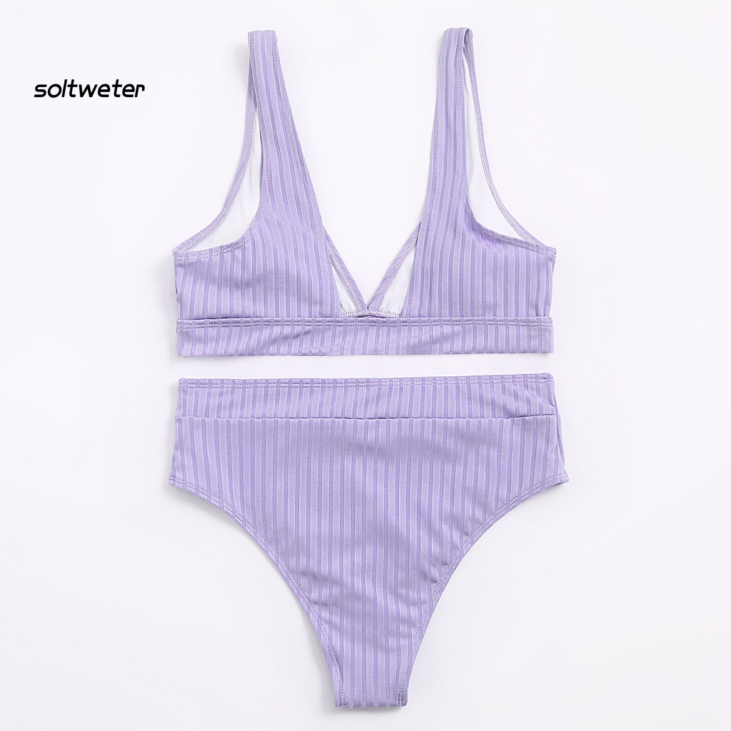 Bộ Đồ Bơi Bikini Hai Mảnh Cổ Chữ V Sâu Màu Trơn Có Gân Và Quần Lót Dành Cho Bạn Nữ Mặc Mùa Hè