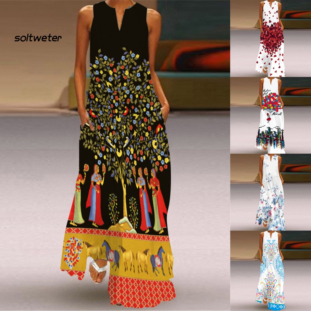 Đầm Maxi Sát Nách Cổ Chữ V Dáng Rộng In Họa Tiết Kỹ Thuật Số Thời Trang Mùa Hè Cho