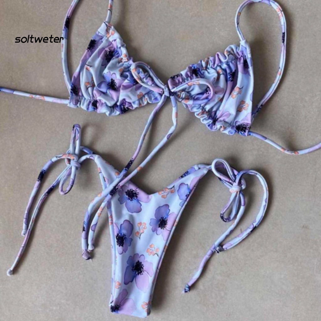 Bộ Đồ Bơi Bikini Hai Dây Buộc Nơ Eo Thấp In Họa Tiết Quyến Rũ Cho Nữ