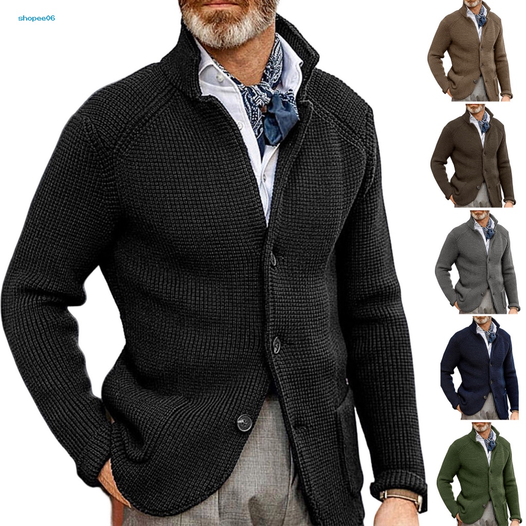 Áo Khoác Dệt Kim Tay Dài Cổ Đứng Dày Dặn Màu Trơn Cài Nút Thời Trang Thu Đông Cho Nam
