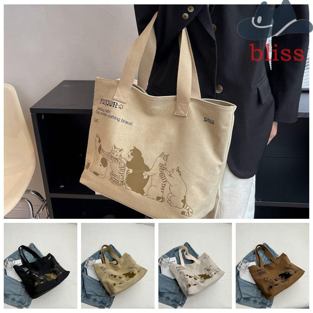 BLISS Túi Tote Vải Canvas In Hình Mèo Phong Cách Nhật Bản Tinh Tế Dễ Phối Đồ Cho Du Lịch