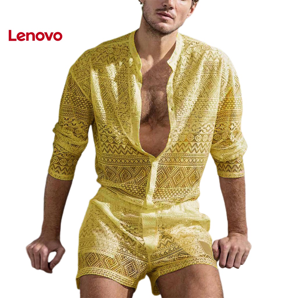 1 Bộ Áo Ren + Quần Short Màu Trơn Xuyên Thấu Thời Trang Mùa Thu Cho Nam