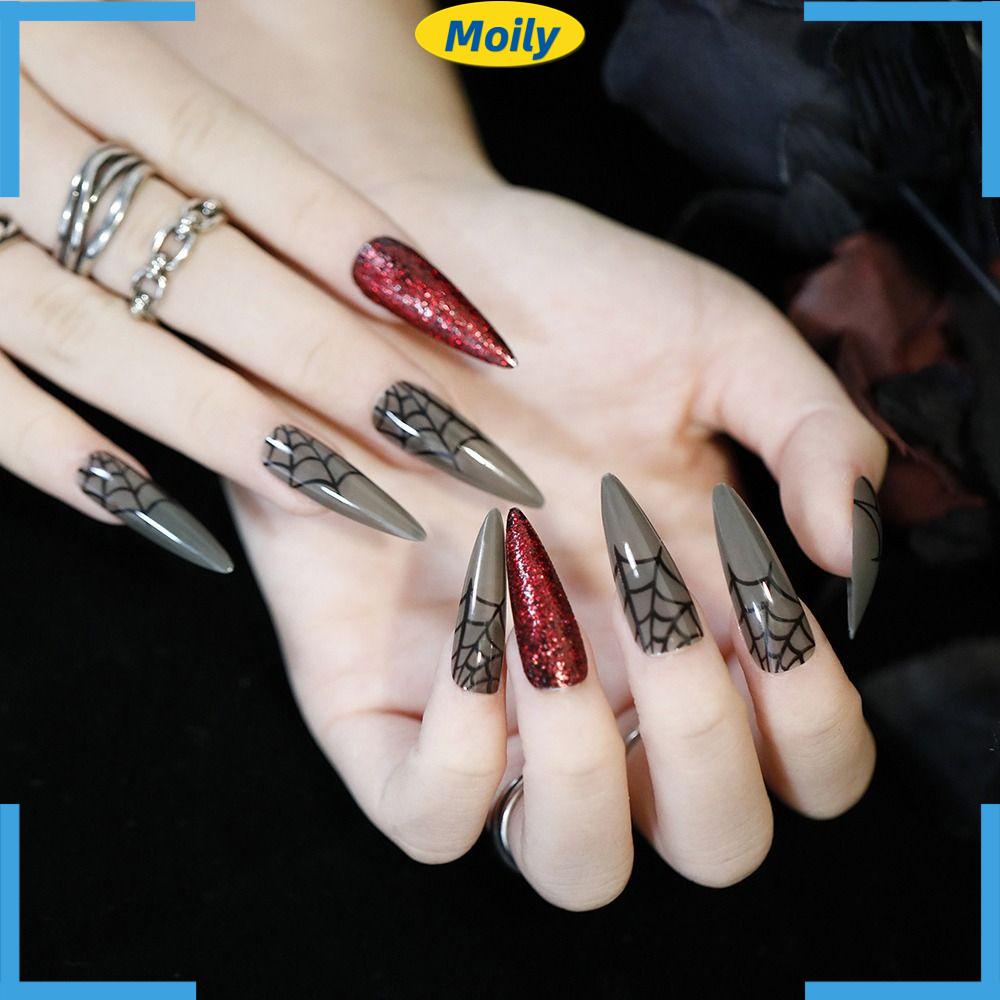 MOILYVN Bộ 24 Móng Tay Giả Trang Trí Halloween Có Thể Tháo Rời Và Che Phủ Toàn Diện