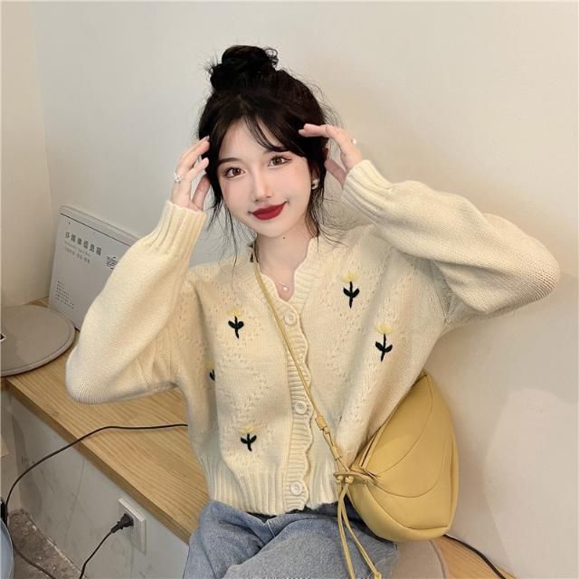 Áo Khoác Cardigan Dệt Kim Tay Dài Cổ Chữ V In Hoa Thời Trang Cho Nữ