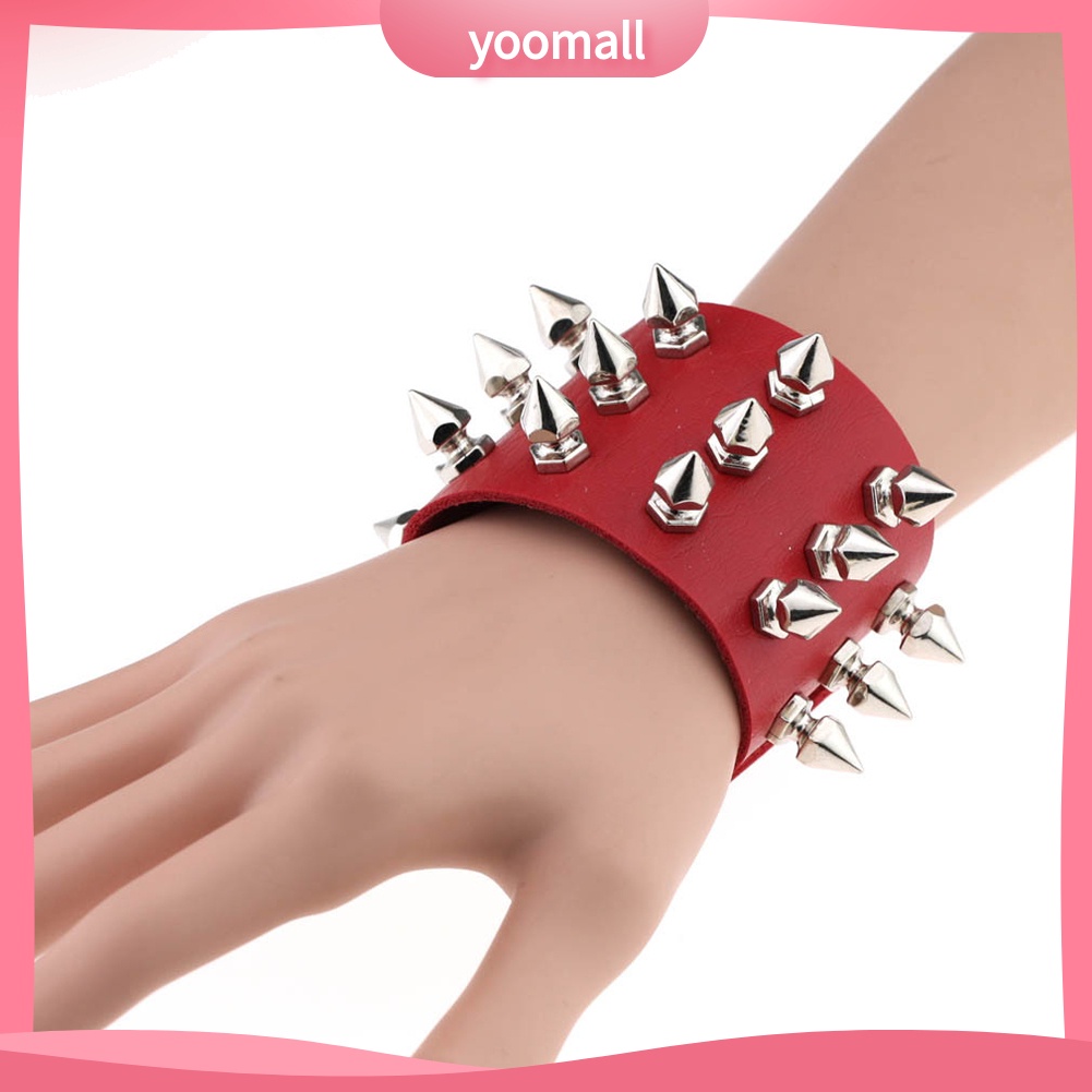 [YM] Vòng Tay Giả Da Đính Đinh Tán Mũi Nhọn Ba Đường Kẻ Bằng Thép Không Gỉ Punk