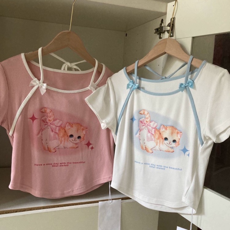 Áo Sơ Mi Ngắn Tay Thắt Nơ Họa Tiết Mèo Dopamine Đáng Yêu Cho Nữ