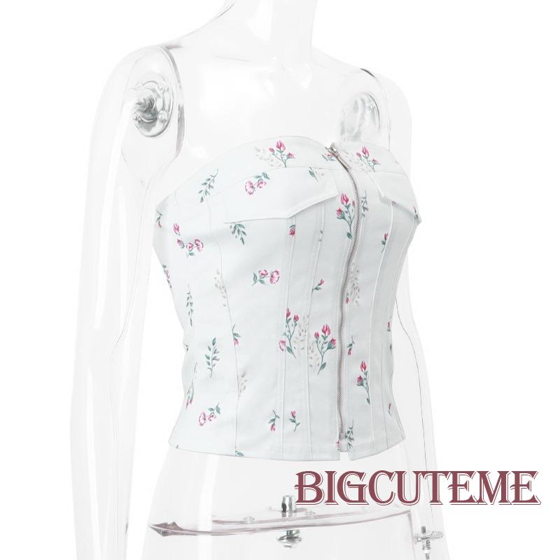 Áo Ống Có Khóa Kéo In Hoa Hở Vai Thời Trang Mùa Hè Dành Cho Nữ