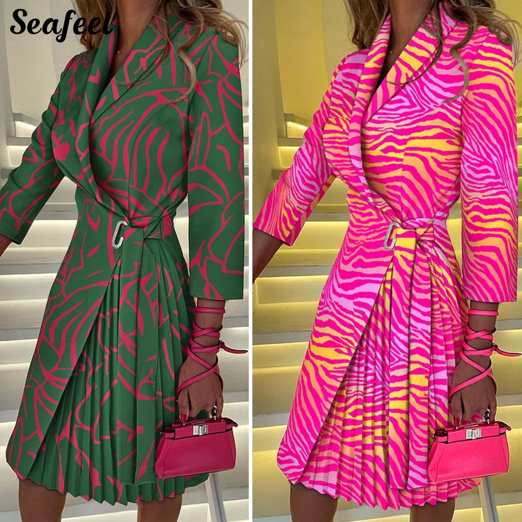 Đầm Cổ V Tay Dài Cột Dây Eo Họa Tiết Hình Học Thời Trang Mùa Thu 44989