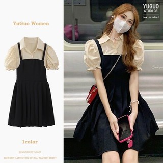 Đầm Giả Hai Mảnh Cổ polo Tay Phồng Ôm Eo Phong Cách Preppy Thời Trang Mùa Hè Dành Cho Nữ