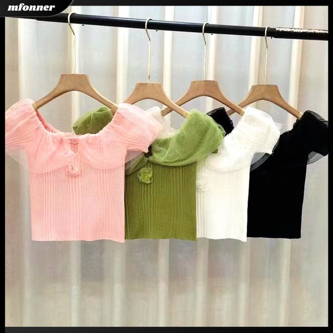 Áo Dệt Kim Ngắn Tay Trễ Vai Màu Sắc Trơn Quyến Rũ Cho Nữ