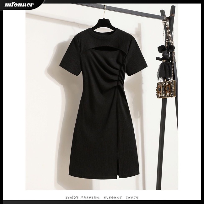 Đầm Thun Tay Ngắn Cổ Tròn Màu Trơn Thiết Kế Khoét Lỗ Thời Trang Dự Tiệc Cho Nữ