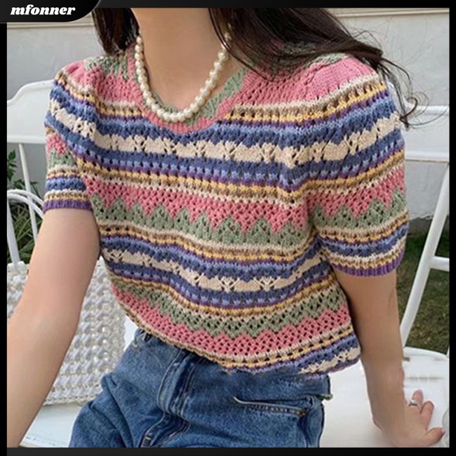 Áo Dệt Kim Ngắn Tay Cổ Tròn Họa Tiết Kẻ Sọc Màu Sắc Tương Phản Thời Trang Mùa Hè Cho Nữ