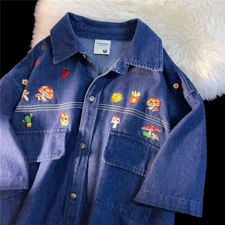 Áo Sơ Mi Tay Ngắn Thêu Họa Tiết Hoạt Hình Phong Cách Retro Mỹ Thời Trang Mùa Hè Cho Nam