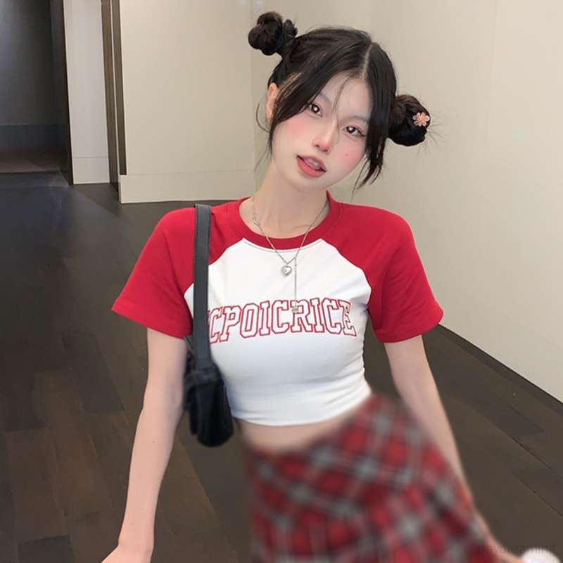 Áo Croptop Cổ Tròn Phong Cách Retro Mỹ Cho Nữ