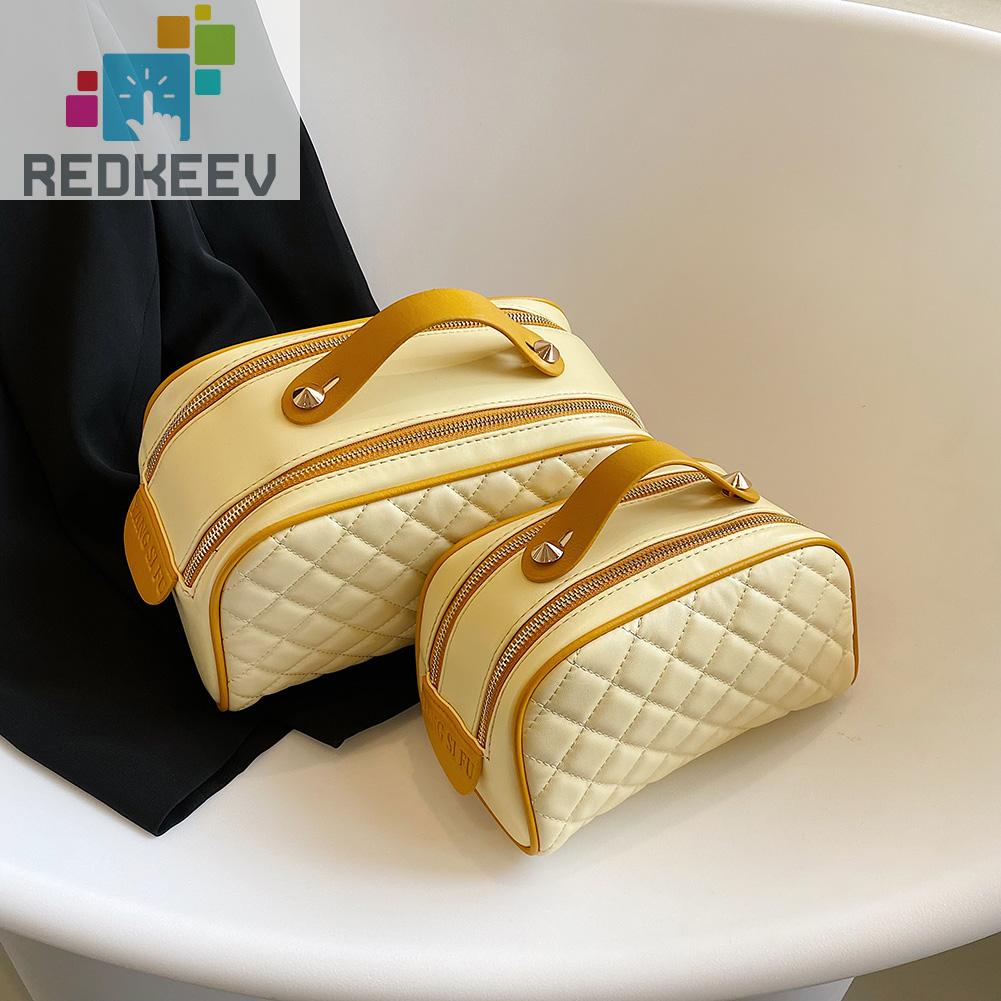 Túi Đựng Mỹ Phẩm Da PU Có Khóa Kéo Họa Tiết Kim Cương Sang Trọng Cho Nữ