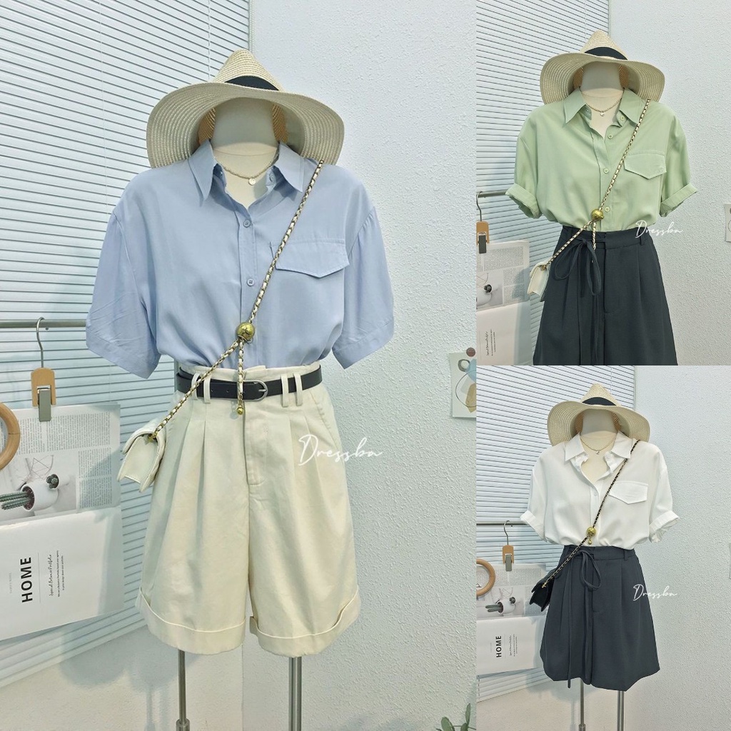 Áo Sơ Mi Tay Ngắn Có Túi Màu Trơn Phong Cách Hàn Quốc Thời Trang Mùa Hè Mới Cho Nữ