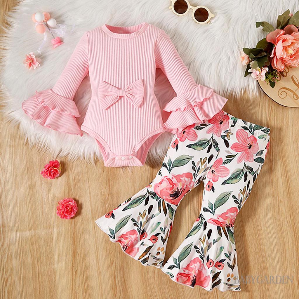 Set Áo Liền Quần / Quần Dài Ống Loe In Hoa Màu Sắc Xinh Xắn Cho Bé Gái 0-18 Tháng Tuổi