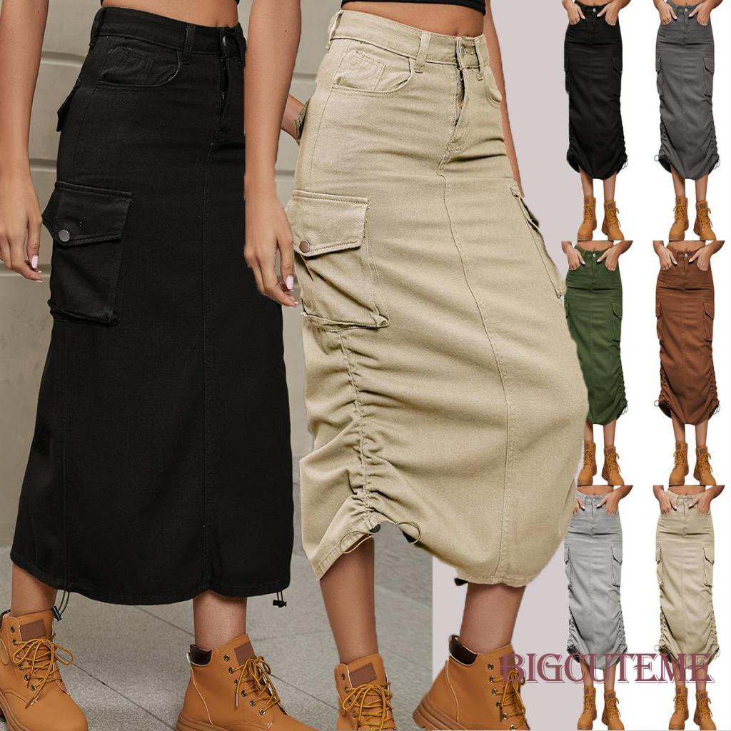 Chân Váy Denim Dài Lưng Cao Có Túi Thời Trang Đường Phố Cho Nữ