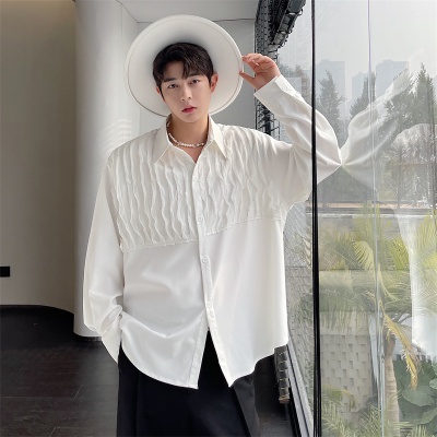 Ins Influencer Blogger Niche Áo Sơ Mi Trắng Xếp Ly Phối Sọc Phiên Bản Hàn Quốc Cho Nam