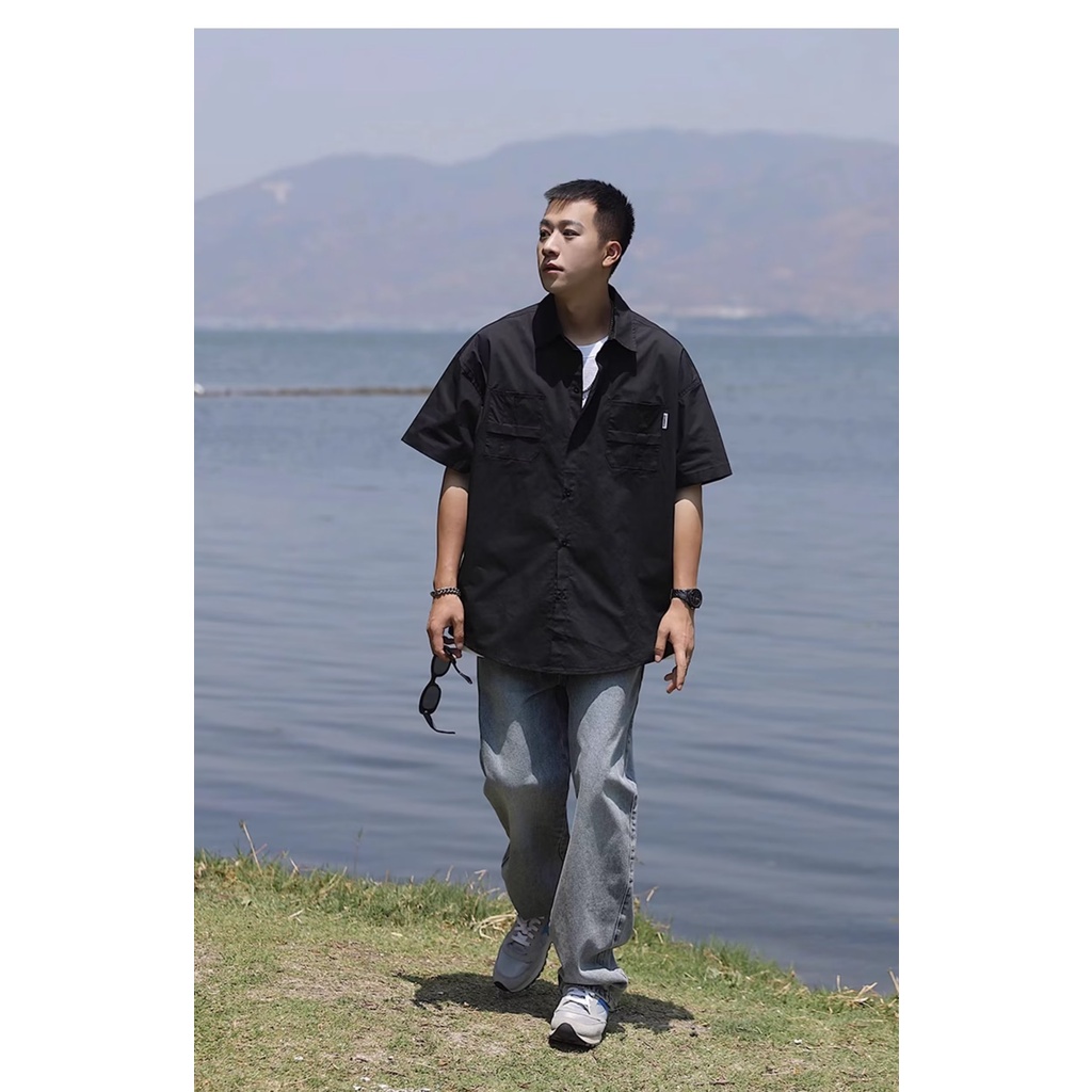 Áo Sơ Mi Tay Ngắn Màu Trơn Đơn Giản Phong Cách Đường Phố Mỹ Nhật Bản Thời Trang Mùa Hè Mới Cho Nam