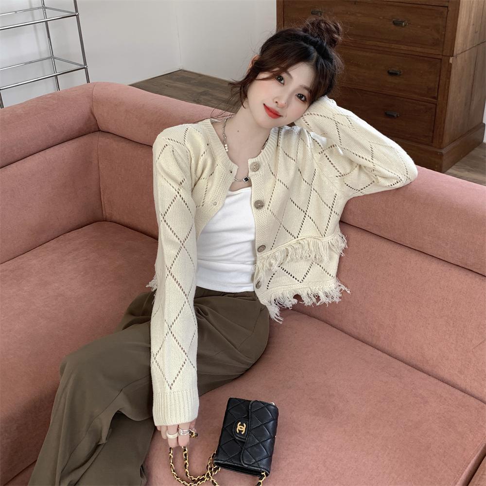 Áo Khoác Cardigan Dệt Kim Mỏng Dáng Ôm Thiết Kế Đục Lỗ Phối Tua Rua Thời Trang Cho Nữ