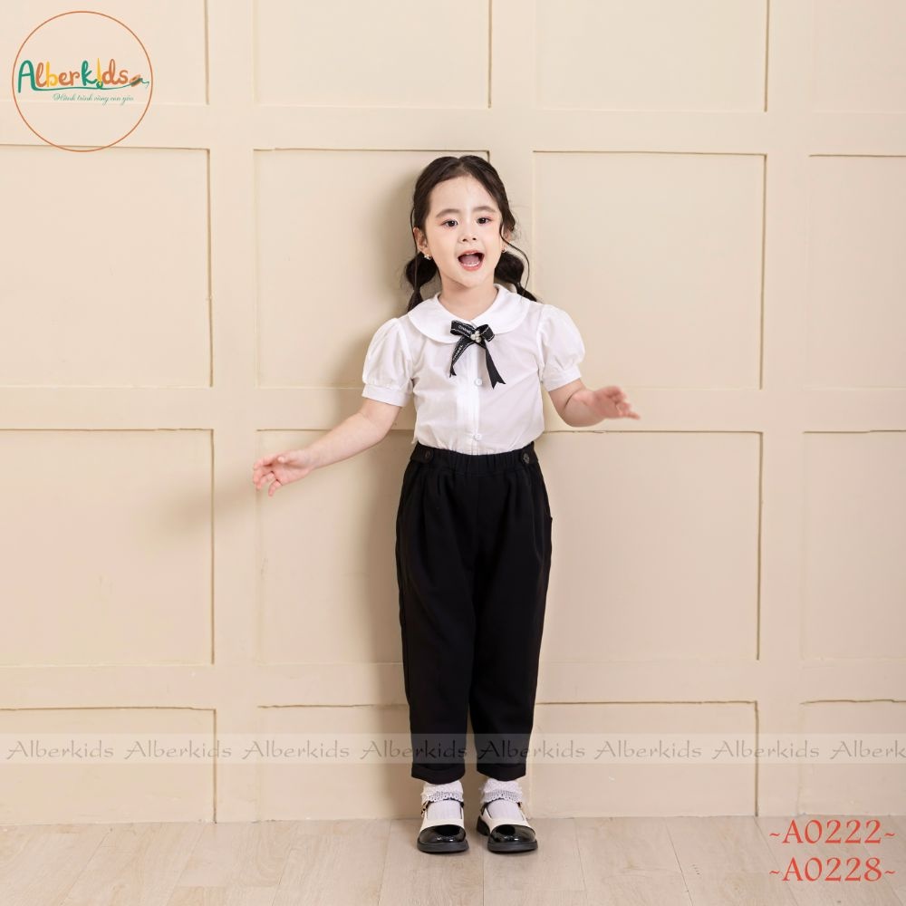 Sét đồ đi học bé gái ALBERKIDS áo cổ sen nơ ngực quần dài đen baggy cho trẻ em 4,5,6,7,8,9,10,11,12 tuổi [A0228-A0222]