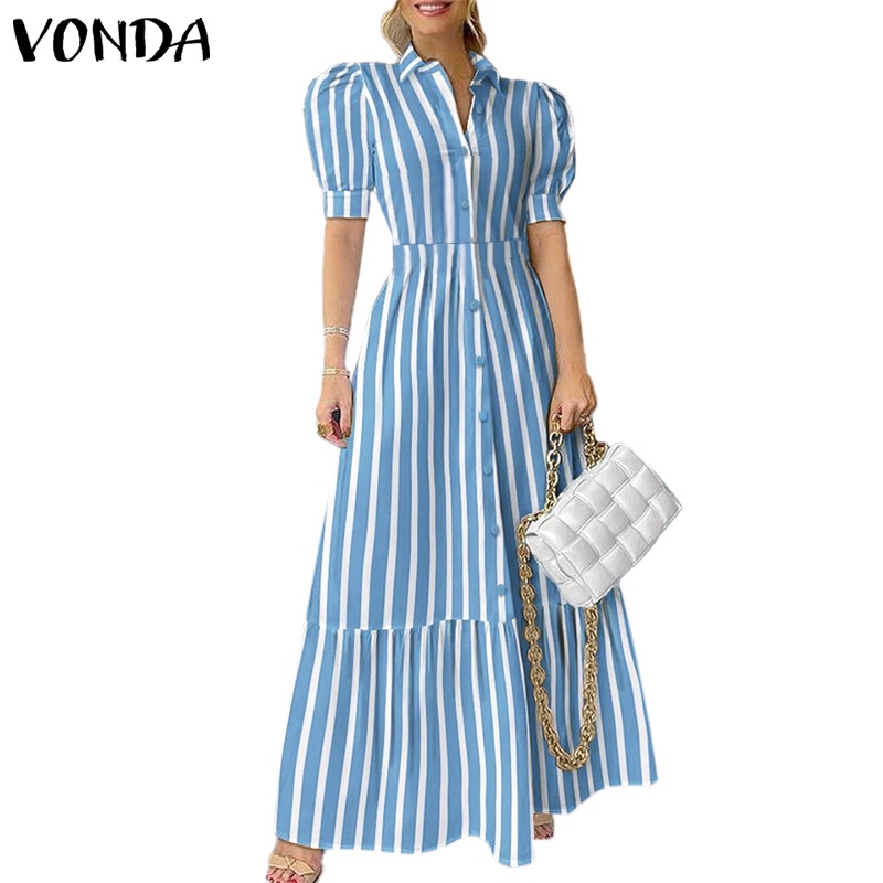 Đầm Cổ Sơ Mi Tay Phồng Họa Tiết Kẻ Sọc Phong Cách Vintage Dành Cho Nữ