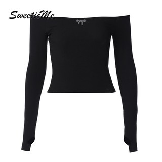 SweeticMe Nữ Thời Trang Mới Màu Trơn Tắt Vai Dài Tay Ôm Vừa Vặn Lưng Gợi Cảm Áo Thun Thường Ngày