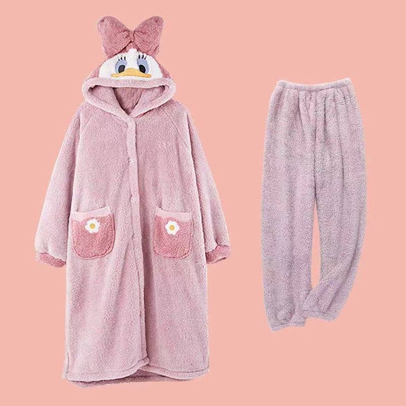 Áo Choàng Ngủ Bằng Vải Lông Cừu San Hô Hình Vịt Donald / Gấu Cinnamon / Dâu Tây Có Thể Mặc Ở Ngoà