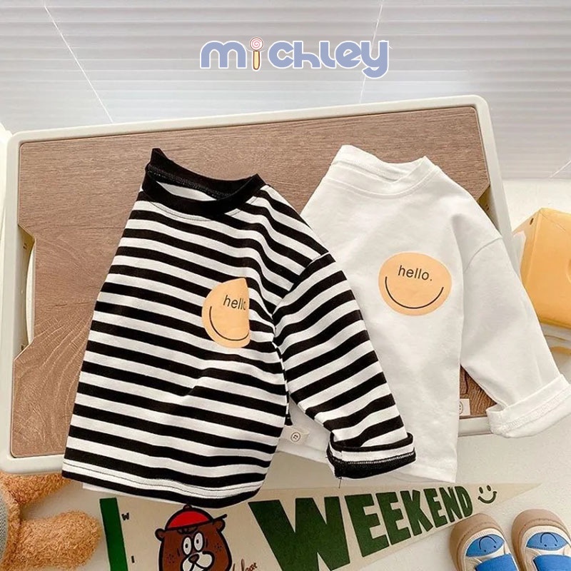 Áo thun MICHLEY cotton dài tay họa tiết mặt cười họa tiết sọc ngang thời trang dành cho trẻ em