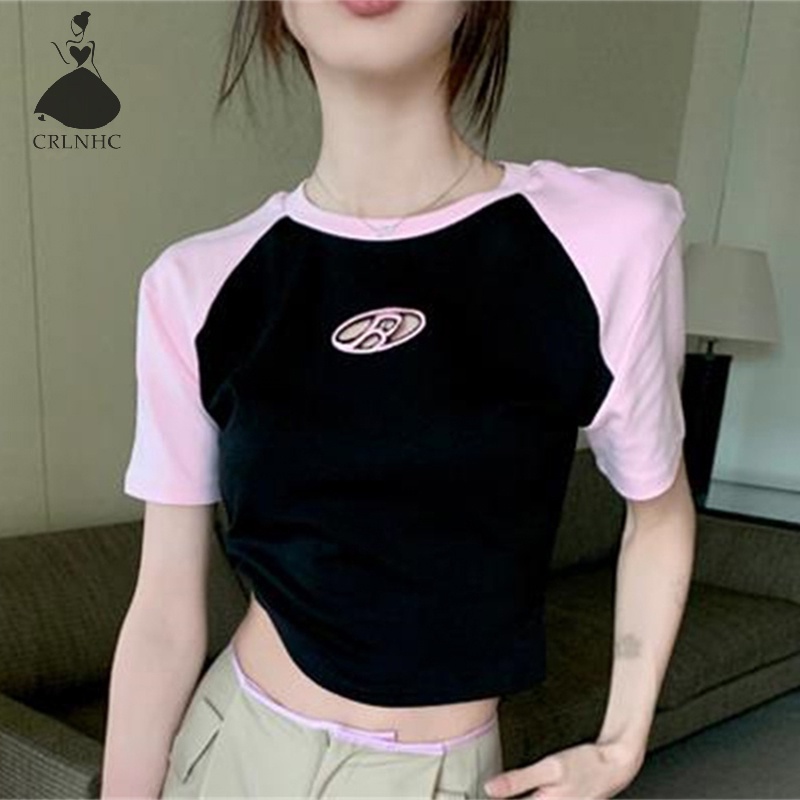 Áo Thun Crop Top Cổ Tròn Tay Raglan Màu Tương Phản Thời Trang Mùa Hè Dành Cho Bạn Nữ vn