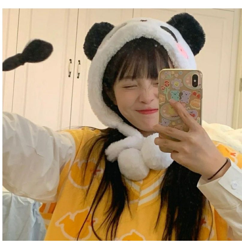 Mũ Trùm Đầu Giữ Ấm Mùa Đông Hình Gấu Trúc Hoạt Hình Nhồi Bông Màu Trắng Đen Phong