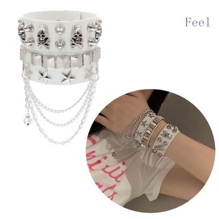 Set 2 vòng tay da nhiều lớp đính đinh tán cá tính