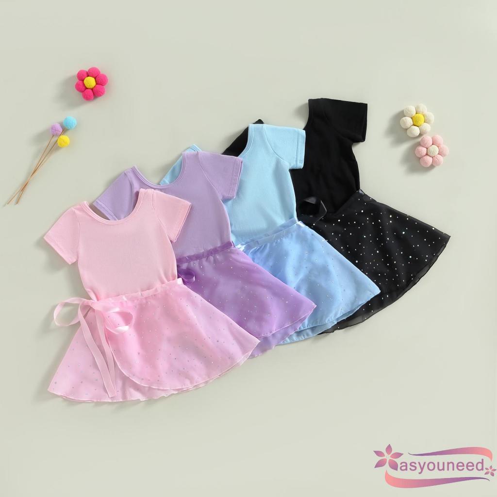 Aay-toddler girls ballet leotards tay ngắn trang phục khiêu vũ cổ tròn với váy có thể tháo rời