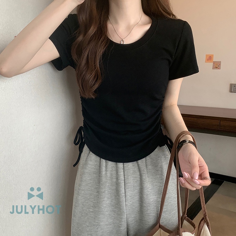 Áo Thun Tay Ngắn Cổ Tròn Màu Trơn Phối Dây Rút Thời Trang Cho Nữ