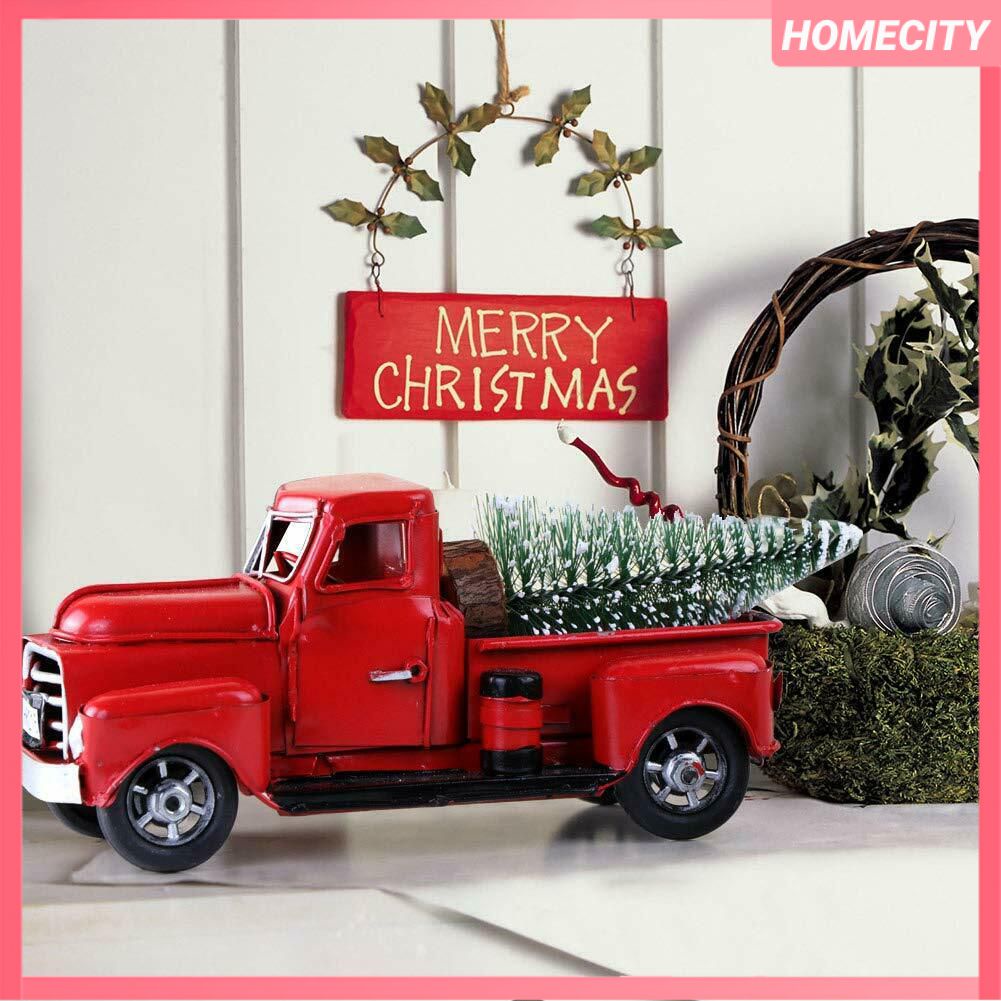 Xe bán tải mộc mạc cổ điển bằng kim loại cổ điển Món quà cây thông Noel Trang trí văn phòng tại nhà Đồ trang trí màu đỏ