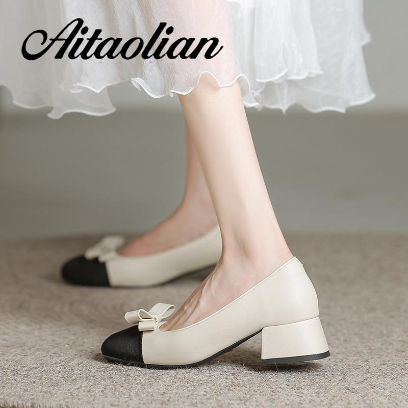 Giày Cao Gót 4cm Da Mềm Mũi Vuông Phong Cách Anh Quốc