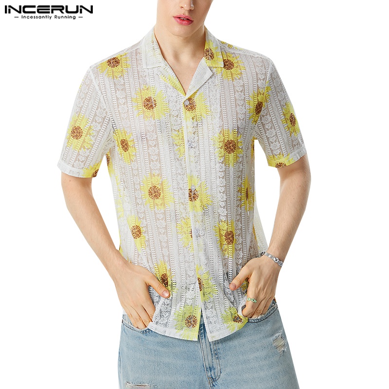 INCERUN Áo Sơ Mi Tay Ngắn In Hoa Phối Ren Kiểu Vintage Cá Tính Cho Nam