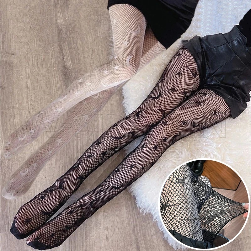 Quần Tất Lưới Mỏng Co Giãn Cao / Trắng Đen Họa Tiết Trăng Sao Gợi Cảm / Chân Váy Lolita Jk Ngọt Ngào Dễ Thương