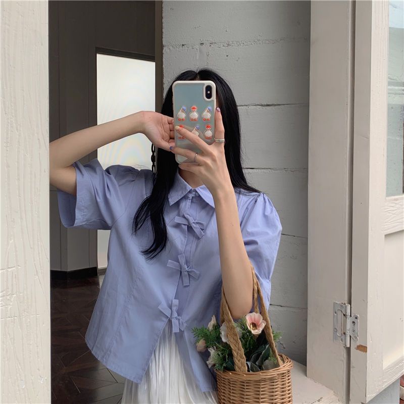 Áo Sơ Mi Tay Ngắn Phồng Cột Dây Kiểu vintage Hàn Quốc Thời Trang Cho Nữ