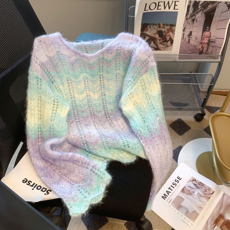 Mohair rainbow sweater women early spring 2023 new style gentle style pullover top sweet hollow long-sleeved knitwear