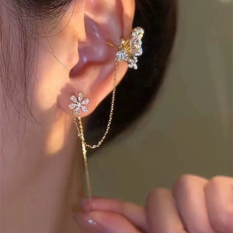 Sáng bóng zircon bướm tai cuff màu vàng tua kẹp trên bông tai cho phụ nữ phong cách hàn quốc bông tai hoa không xỏ khuyên trang sức ryvn