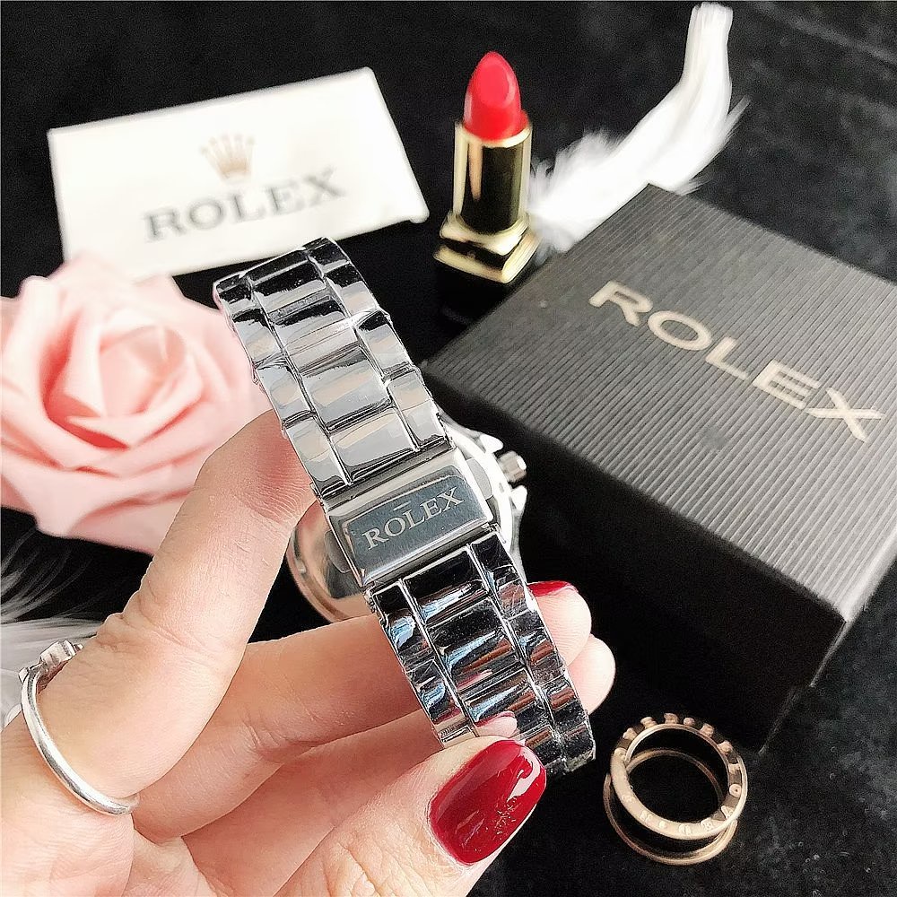 Đồng Hồ Rolex Mặt Tròn Đính Kim Cương Dây Da Thép Không Gỉ Thời Trang Cho Cặp Đôi