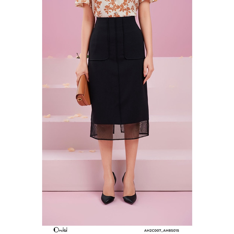 Chân váy dáng ôm phối voan cao cấp - Chất liệu Twill Silk Orchid AH8S015