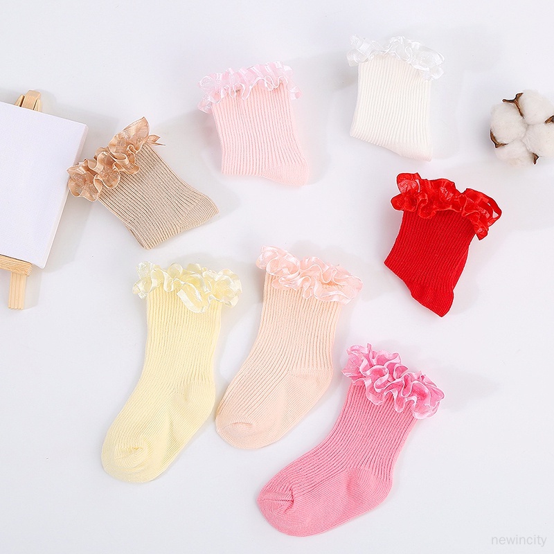 Vớ Thiết Kế Viền Bèo Nhún Màu Hồng Ngọt Ngào Dễ Thương Phong Cách Hàn Quốc Cho Bé Gái