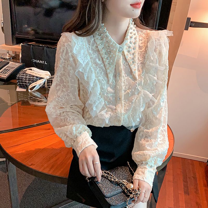 Áo xù đính cườm phong cách pháp nhẹ nhàng trưởng thành áo dài tay ngọt ngào tính khí tươi mát