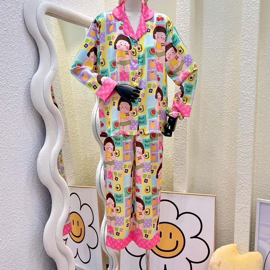 Bộ Pijama quần dài , áo tay dài in hình em bé béo trái cây phối lai caro kèm cột tóc - HN1502